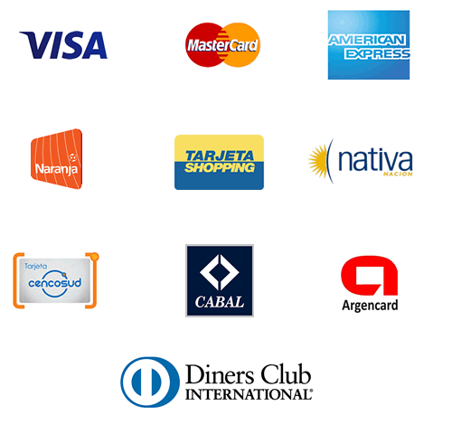 Visa - MasterCard - American Express - Tarjeta Naranja - Tarjeta Shopping - Nativa - Tarjeta Cencosud - Cabal - ArgenCard - Diners Club